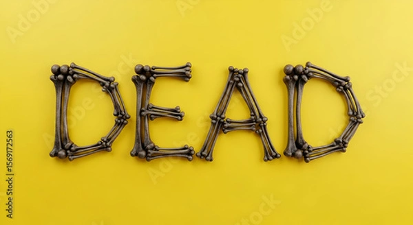 Obraz The word "DEAD" is spelled out with gray human bones against a bright yellow background. The bones are arranged to form the letters, creating a stark and slightly humorous Halloween-themed image.