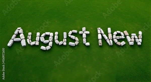 Obraz The words "August New" are creatively spelled out using small, light-colored stones. They are set against a backdrop of lush, green grass, highlighting the natural and artistic composition.