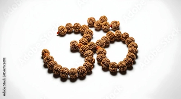 Obraz Om Symbol Formation With Rudraksha Beads on Clean White Background, Promoting Spirituality and Meditation A close-up shot shows rudraksha beads