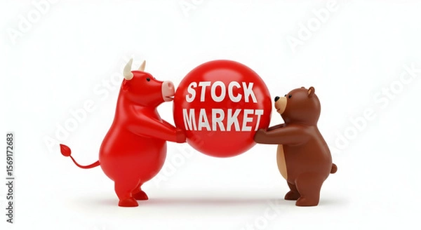 Obraz A 3D rendered image depicts a red bull and a brown bear holding a red sphere with the words "STOCK MARKET" on it. They are standing on a white surface, against a white background.