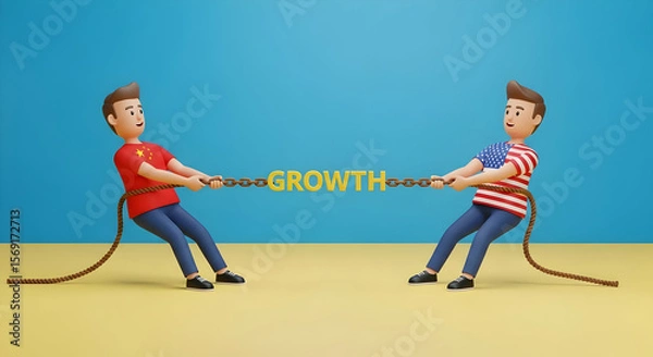 Obraz Economic Tug-Of-War: China Versus The U.S. In A Contest For Global Growth A stylized 3D render depicting a tug-of-war between