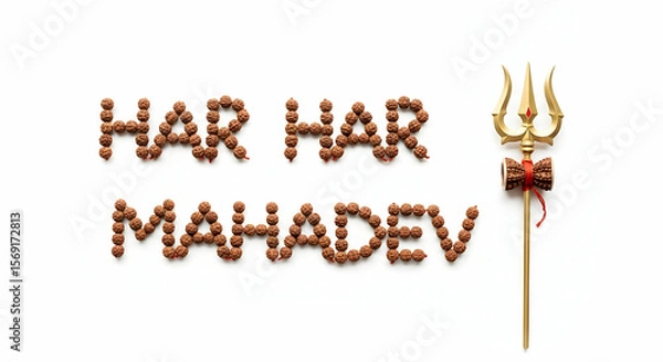 Obraz The image features the phrase "Har Har Mahadev" spelled out in rudraksha beads, accompanied by Shiva's golden trident, conveying a sense of devotion and spirituality in a clean, minimalist setting.