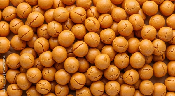 Obraz This image shows a dense collection of round, golden-brown peanut cookies.  Cracks adorn their surfaces, suggesting a crisp texture and tempting flavor, laid out as an abundant food background.