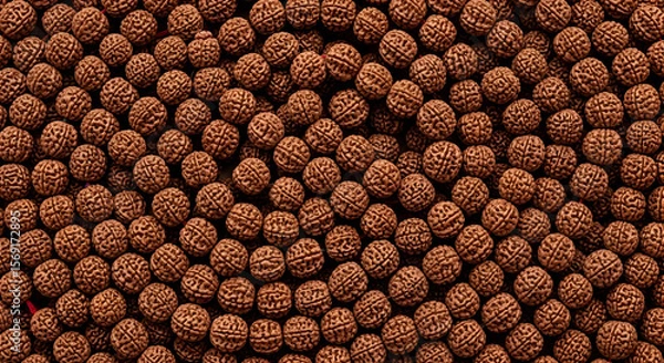 Obraz A dense collection of Rudraksha beads fills the frame, showcasing their unique texture and dark brown tones. The image evokes a sense of tranquility and connection to spiritual practices.