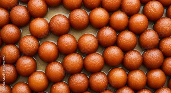 Obraz This image showcases rows of perfectly round, orange-colored gulab jamun, a classic Indian dessert, bathed in a light syrup. The close-up shot highlights the texture and moistness of the sweet treat.