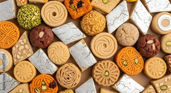 Obraz A vibrant collection of traditional Indian sweets, showcasing a variety of textures, colors, and flavors.  Close-up view of delectable mithai.