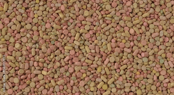 Obraz A dense, textured image showcasing a multitude of pastel-colored pills and tablets, varying in shape and size.  The overall tone is soft and slightly muted.
