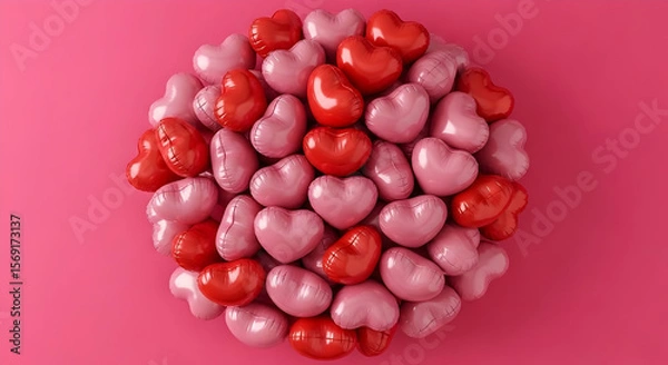 Obraz A bunch of pink and red heart-shaped balloons create a playful and romantic mood. The balloons are clustered together on a pink backdrop, suitable for Valentine's Day or a celebratory occasion.