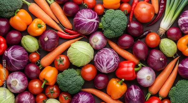 Obraz Vibrant Array of Fresh Vegetables on Dark Surface Displaying Natural Colors and Textures A colorful assortment of fresh vegetables, including
