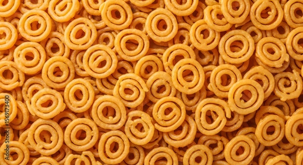Obraz This image showcases a heap of spiral-shaped murukku, a traditional South Indian snack. The murukku appear golden-brown and are arranged closely together, creating a dense and inviting pattern.
