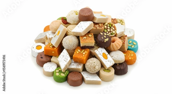 Obraz A vibrant assortment of traditional Indian sweets, including barfi, laddu, and other colorful desserts. The photo emphasizes the variety, shapes, and textures, set against a clean white background.