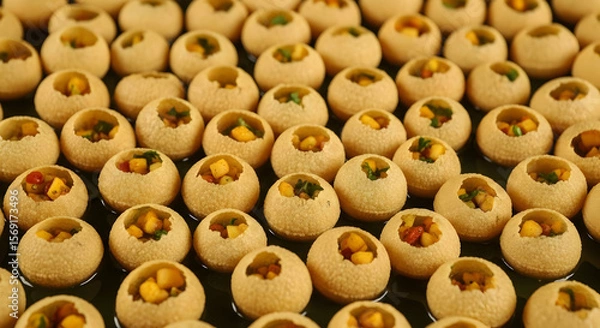 Obraz A Plethora of Panipuri: A Culinary Delight of Indian Street Food This image showcases a dense arrangement of panipuri, a