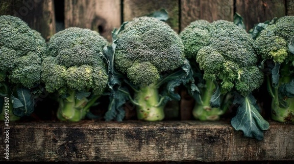 Fototapeta Fresh broccoli heads stacked neatly on aged wooden planks, captured in natural farm light to highlight their texture and freshness