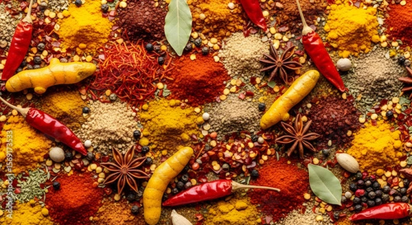 Obraz This image showcases a diverse array of spices, herbs, and peppers, creating a rich and colorful mosaic. The blend of textures and vibrant hues evokes a sense of culinary inspiration.