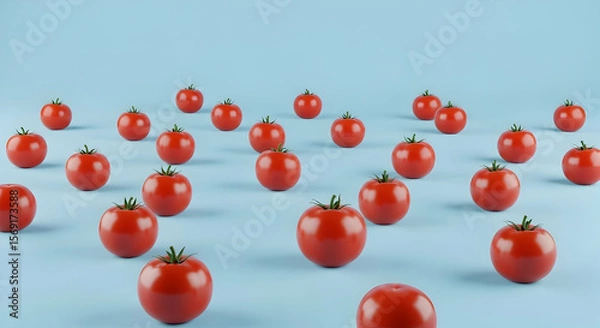 Obraz Symmetrical Array of Vibrant Red Tomatoes Against a Soft Blue Background, Conveying Cleanliness and Order A visually appealing arrangement of