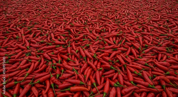 Obraz A vast expanse of vibrant red chili peppers creates a visually striking scene. The fresh peppers with green stems are densely packed, conveying a sense of abundance and spice.