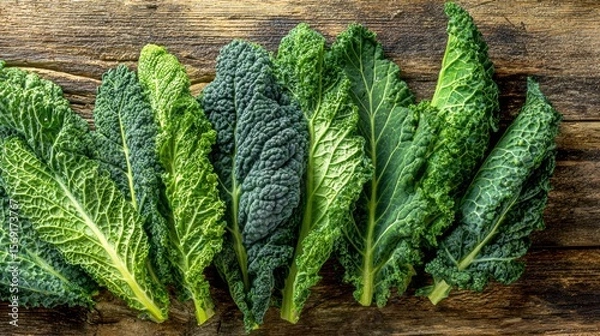Fototapeta Fresh green kale leaves arranged on a rustic wooden table bathed in warm natural sunlight, showcasing organic farm freshness and vibrant textures