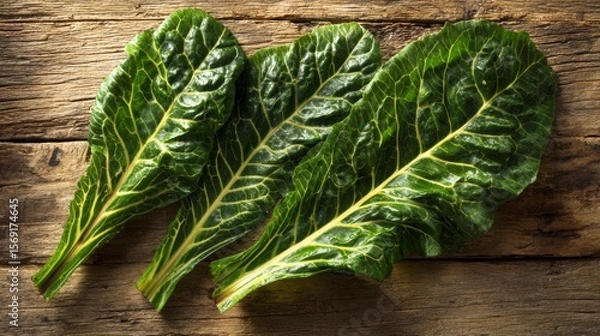 Fototapeta Fresh green Swiss chard leaves with prominent veins, arranged on rustic wood with sunlight highlighting their glossy texture