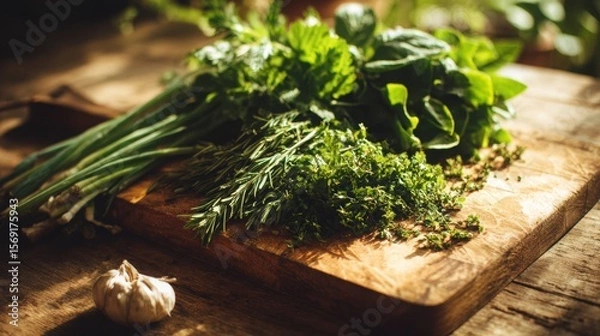 Fototapeta Fresh herbs and leafy greens spread over a wooden cutting board, natural sunlight casting warm tones and farm-fresh atmosphere
