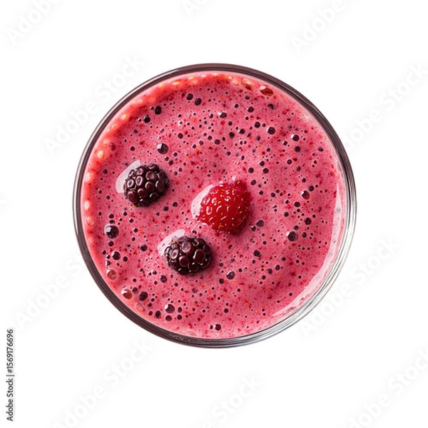 Obraz 
a glass with a strawberries and black berry flavoured smoothie.top view