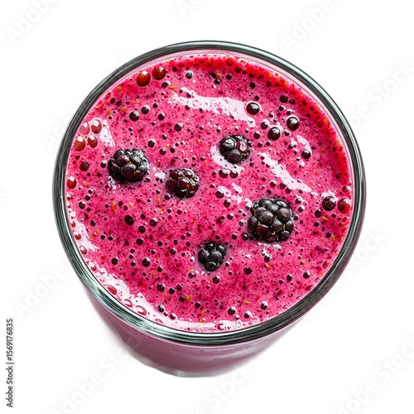Obraz 
a glass with a strawberries and black berry flavoured smoothie.top view
