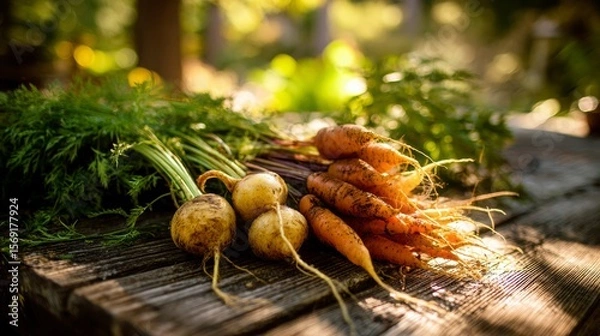 Fototapeta Freshly harvested carrots and golden beets resting on a rustic wooden table, sunlight filtering through trees to create dappled light effects
