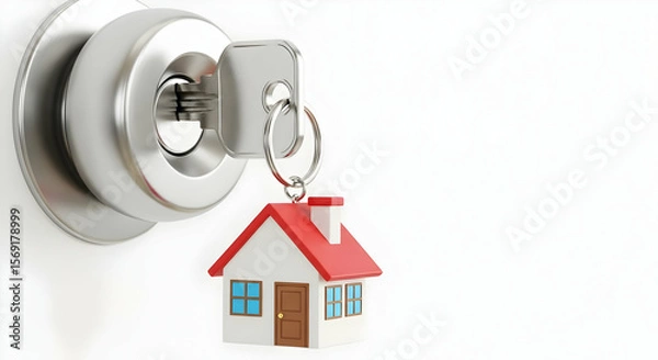 Obraz A house key with a miniature house keychain inserted into a door lock.  Symbolic of homeownership, real estate, and new beginnings.