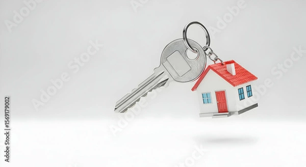 Obraz A silver key with a miniature house keychain hangs against a white background, symbolizing homeownership, new beginnings, and real estate.