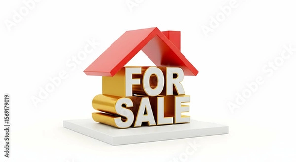 Obraz A 3D rendering showcases a gold 'For Sale' sign nestled under a red house roof, sitting on a white platform.  The image represents real estate or property sales.