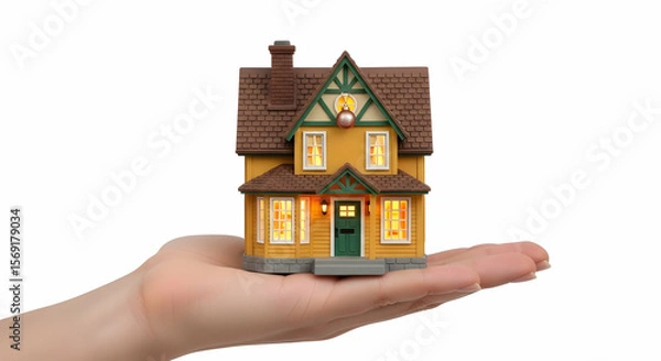 Obraz A welcoming image showcasing a miniature yellow house with lit windows, gently cradled in an open palm.  It symbolizes homeownership, comfort, and new beginnings.