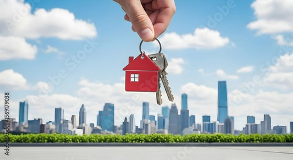 Obraz A hand holds house-shaped keys against a backdrop of a modern city skyline, symbolizing urban real estate and homeownership.