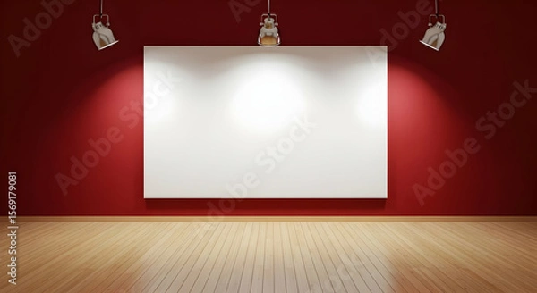 Obraz A minimalist room with red walls, light wood floors, and a large blank canvas centered, illuminated by three hanging spotlights.  Perfect for showcasing art or design.