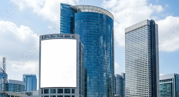 Obraz A large blank billboard dominates the image, positioned between two modern skyscrapers against a partly cloudy sky.  Offers prime advertising real estate in a bustling urban setting.