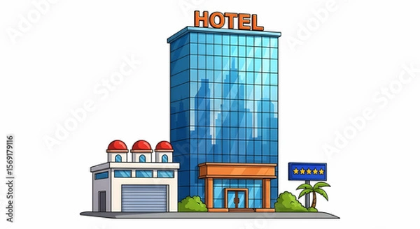 Obraz A vibrant illustration depicts a five-star hotel, complete with a sleek modern high-rise and a charming smaller building. Lush greenery and a palm tree add a touch of tropical elegance.