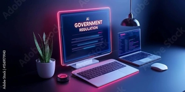 Obraz AI government  regulation  law concept. Modern workspace with computers and a plant.