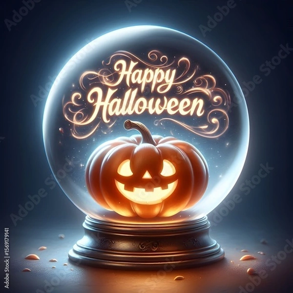 Fototapeta An illustration of a cute jack-o'-lantern in a mystical crystal ball. Inside the swirling, magical mist of the crystal ball, the words "Happy Halloween" are materializing in a glowing font.