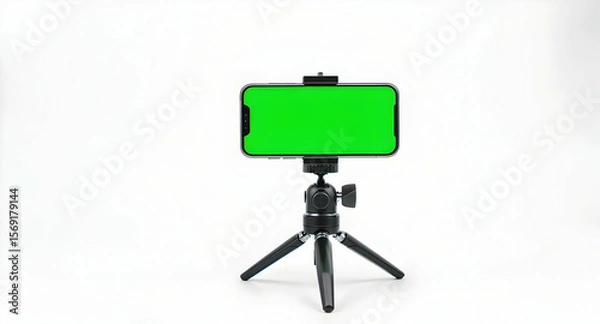 Obraz A smartphone with a vibrant green screen is securely mounted on a small, portable tripod against a stark white backdrop.  Ideal for video production or chroma keying.