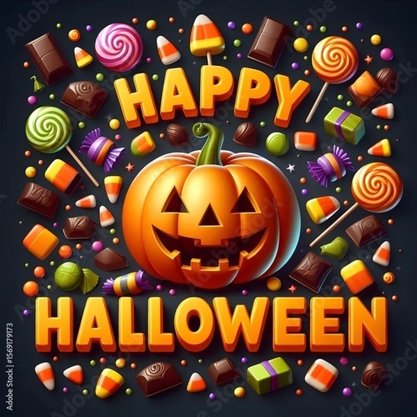 Fototapeta An illustration of a cheerful jack-o'-lantern surrounded by magically floating Halloween candy. A group of these colorful candies has cleverly arranged itself to spell out "Happy Halloween"