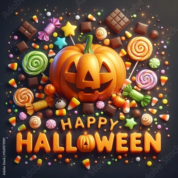 Fototapeta An illustration of a cheerful jack-o'-lantern surrounded by magically floating Halloween candy. A group of these colorful candies has cleverly arranged itself to spell out "Happy Halloween"