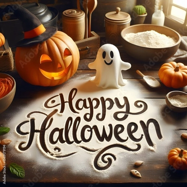 Fototapeta An illustration set in a cozy witch's kitchen, with a friendly jack-o'-lantern sitting on a wooden tabletop. Written a sweeping, magical cursive font, are the words "Happy Halloween"
