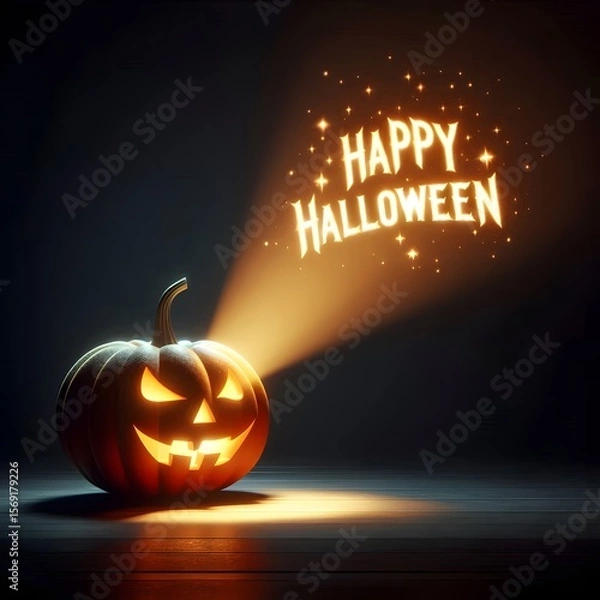 Fototapeta An illustration of a single jack-o'-lantern sitting in a dark space. A bright, warm beam of light shoots out from pumpkin, projecting the phrase "Happy Halloween" in a bold, glowing, and magical font.