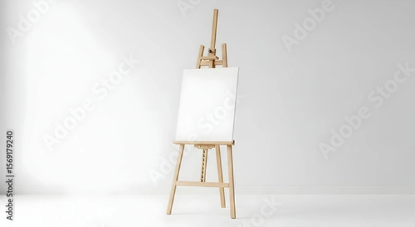 Obraz A pristine white canvas rests on a simple wooden easel against a minimalist white backdrop.  The scene evokes a sense of artistic potential and creative space.