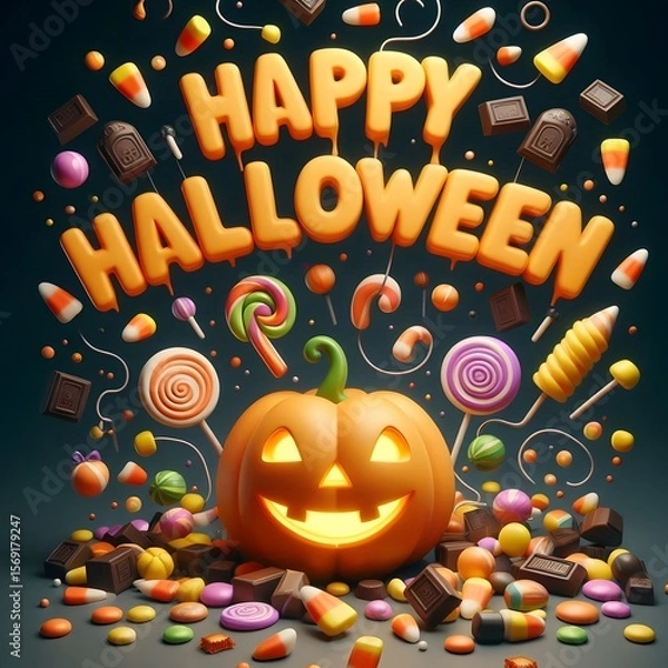 Fototapeta An illustration of a cheerful jack-o'-lantern surrounded by magically floating Halloween candy. A group of these colorful candies has cleverly arranged itself to spell out "Happy Halloween"