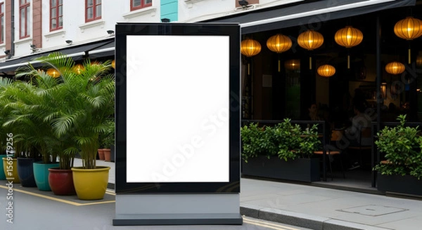 Obraz A large, blank billboard stands outside a stylish restaurant with outdoor seating and warm lighting. Lush greenery adds to the inviting ambiance.