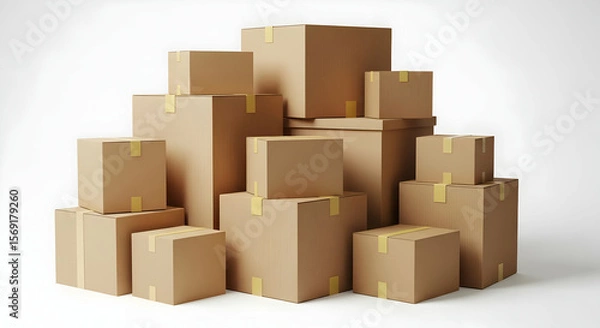 Obraz A collection of various-sized cardboard boxes, neatly stacked, sealed with tape, ready for shipping or moving.  The boxes are light brown against a white background.