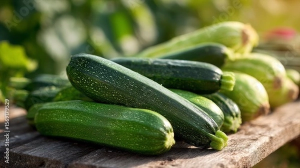Fototapeta Freshly harvested green zucchini and cucumbers laid out on a wooden table outdoors, glowing under soft natural sunlight in a farm setting