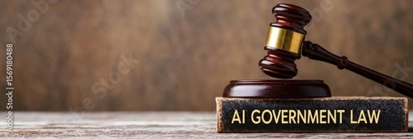 Obraz AI government  regulation  law concept. AI government law with gavel on a table background.