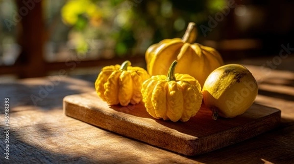 Fototapeta Golden beets and bright yellow pattypan squash displayed on a wooden cutting board with sunlight filtering through farm windows, creating a warm, natural atmosphere