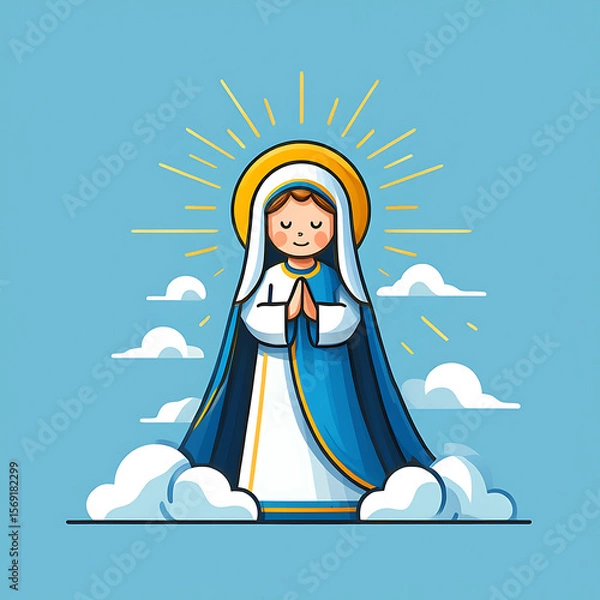 Fototapeta Virgin Mary Cartoon Illustration Blue Robe Clouds image