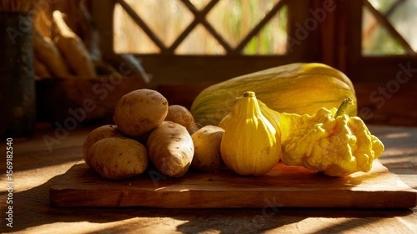 Fototapeta Golden beets and bright yellow pattypan squash displayed on a wooden cutting board with sunlight filtering through farm windows, creating a warm, natural atmosphere